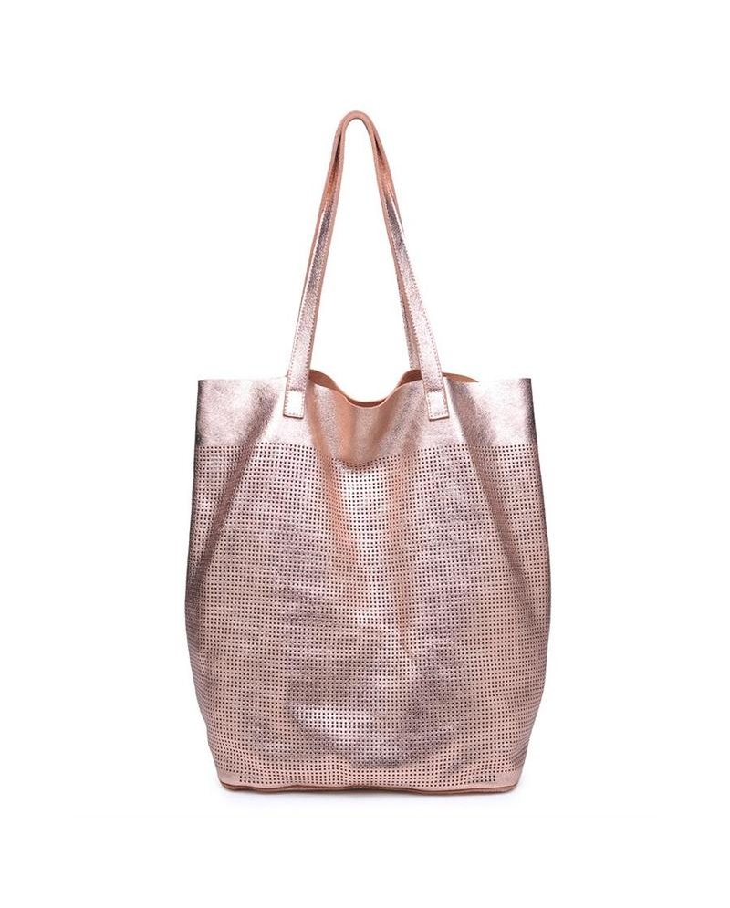 grey and rose gold bag